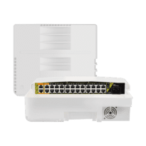 Switch PoE exterior - 22 portas PoE+ - 2 RJ45 Hi-PoE - 2 RJ45 Uplink - 22 portas 10/100 Mbps - 4 porta Gigabit - Até 300 W no total para todas as portas - Normativa IEEE802.3at PoE+ / af PoE / bt Hi-PoE - Proteção contra raios 6KV, ESD 8KV, IP65