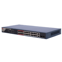 Switch PoE Hikvision - 24 portas RJ45 FE + 2 Gigabit RJ45/SFP portas [%VAR%] - 24 Portas PoE+ 802.3af/at - Até 370w Potência PoE total - PoE Extended / PoE Watchdog / Isolamento de portas - Instalação em rack/parede/desktop