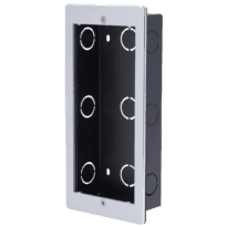 Painel frontal e caixa de registro encastrada - Específico para Akuvox AK-R20B(K)-xB. - Painel: 226 (Al) x 108 (Lg) x 3 (Fd) mm - Caixa: 225 (Al) x 106 (Lg) x 39 (Pf) - Fabricado em alumínio e aço galvanizado