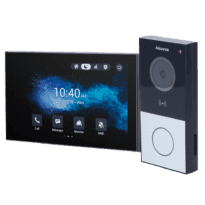 Kit de entrada de vídeo de superfície de porta Linux - IP & WiFi | Placa e monitor - Áudio bidireccional Crystal Clear - Leitor MF, NFC e BLE | padrão PoE - 1 saída de relé | Manutenção Cloud - Ligação de monitor e placas via Cloud