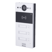 Videoporteiro IP em superficie - Câmara 2 Mpx | Áudio bidirecional - Abertura com cartão EM/MF e NFC 2 relés - 3 apartamentos | PoE, SIP padrão - Manutenção Cloud - Ligação de monitor e placas via Cloud