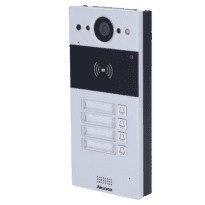 Videoporteiro IP em superficie - Câmara 2 Mpx | Áudio bidirecional - Abertura com cartão EM/MF e NFC 2 relés - 4 apartamentos | PoE, SIP padrão - Manutenção Cloud - Ligação de monitor e placas via Cloud