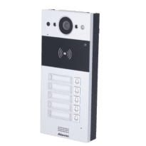 Videoporteiro IP em superficie - Câmara 2 Mpx | Áudio bidirecional - Abertura com cartões EM/MF e NFC | 2 relés - 5 apartamentos | PoE, SIP padrão - Manutenção Cloud - Ligação de monitor e placas via Cloud