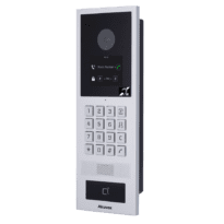 Videoporteiro IP anti-vandalismo IK08. - Câmara 2 Mpx | Áudio bidirecional e BIM - Cartão EM/MF, NFC, BLE e PIN | 2 relés - Apartamentos | PoE+, SIP padrão - Ecrã TFT 2.8" | Manutenção da cloud - Ligação via Cloud | Saída 12V