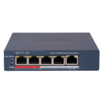 Hikvision Switch PoE Gerível - 4 portas PoE 802.3af/at + 1 Uplink RJ45 - 4 RJ45 10/100Mbps + 1 RJ45 10/100Mbps - 30W por porta 802.3af/at / Máximo 60W - VLAN/Port Isolation/Loop Detection/LLDP - Link Aggregation/PoE Watchdog/SNMP