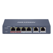 Hikvision HiPoE Switch Gerível - 4 portas PoE 802.3af/at + 2 Uplink RJ45 - 4 RJ45 10/100Mbps + 2 RJ45 10/100Mbps -  802.3af/at/bt / Máximo 60W - VLAN/Port Isolation/Loop Detection/LLDP - Link Aggregation/PoE Watchdog/SNMP