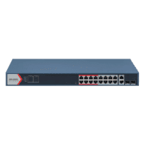 Switch PoE Hikvision - 16 portas RJ45 FE + 2 Gigabit RJ45/SFP portas [%VAR%] - 16 Portas PoE+ 802.3af/at - Até 230w Potência PoE total - PoE Extended / PoE Watchdog / Isolamento de portas - Instalação em rack/parede/desktop