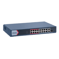 Switch PoE Hikvision - 16  portas RJ45 FE +1 x GE RJ45 + 1x GE RJ45/SFP - 16 Portas PoE+ 802.3af/at - Até 130w Potência PoE total - PoE Extended / PoE Watchdog / Isolamento de portas - Instalação em rack/parede/desktop