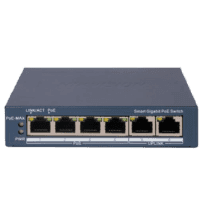 Hikvision Switch Gigabit PoE Gerível - 4 portas PoE 802.3af/at + 1 Uplink RJ45 - 4 RJ45 10/100/1000 Mbps + 1 RJ45 10/100/1000Mbps - 30W por porta 802.3af/at / Máximo 60W - VLAN/Port Isolation/Loop Detection/LLDP - Link Aggregation/PoE Watchdog/SNMP