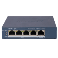Hikvision Switch Gigabit PoE Gerível - 4 portas PoE 802.3af/at + 1 Uplink RJ45 - 4 RJ45 10/100/1000 Mbps + 1 RJ45 10/100/1000Mbps - 30W por porta 802.3af/at / Máximo 45W - VLAN/Port Isolation/Loop Detection/LLDP - Link Aggregation/PoE Watchdog/SNMP