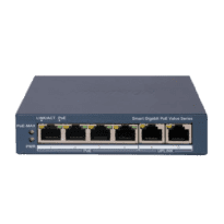 Hikvision Gigabit PoE Switch Gerível - 4 portas PoE 802.3af/at + 2 Uplink RJ45 - 4 RJ45 10/100/1000 Mbps + 2 RJ45 10/100/1000Mbps -  802.3af/at / Máximo 45W - VLAN/Port Isolation/Loop Detection/LLDP - Link Aggregation/PoE Watchdog/SNMP
