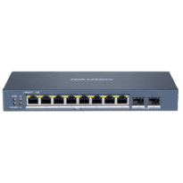 Switch PoE Hikvision - 8 puertos RJ45 Gigabit + 2 puertos SFP - 8 Puertos PoE+ 802.3af/at - Hasta 110w de Potencia PoE Total - PoE Extendido / PoE Watchdog / Port Isolation - Instalación en sobremesa