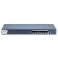 Switch PoE Hikvision - 16 portas RJ45 GE + 1 porta Gigabit RJ45/SFP - 16 Portas PoE+ 802.3af/at - Até 230w Potência PoE total - PoE Extended / PoE Watchdog / Isolamento de portas - Instalação em rack/parede/desktop