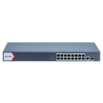 Switch PoE Hikvision - 16 portas RJ45 GE + 1 porta Gigabit RJ45/SFP - 16 Portas PoE+ 802.3af/at - Até 130w Potência PoE total - PoE Extended / PoE Watchdog / Isolamento de portas - Instalação em rack/parede/desktop
