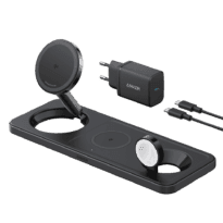 Carregador sem fios 3 em 1 Anker - Tecnologia MagGo - Carregamento rápido: iPhone, Airpods, Apple Watch - Carregar dispositivos 3 de cada vez - Carregamento rápido 15W - Estrutura horizontal | Cor preta