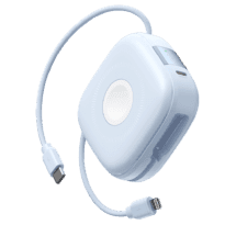 VEGER Power bank ultra compacta - Capacidade 10000mAh - Entrada USB-C - Saídas USB-C, Ligthning e Sem fios - Cabos incluídos: USB-C e Lightning - Cor azul. 3 dispositivos em simultâneo