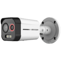 Câmara Térmica IP Dupla Hikvision Gama PRO - Sensor térmico 96x72 VOx | Lente 1.35 mm - Sensor óptico 1/1.8 4 Mpx | Lente 4 mm - Sensibilidade térmica  55mK | ColorVu - Deteção e alarme preventivos de incêndios - Alarmes | IP66 | IK10 | Áudio e luz dissuasivos
