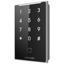 Leitor de acesso - Acesso por cartão MF DESFire e PIN - Indicador LED e acústico - Wiegand 26/34 | RS485 - Compatível com os controladores Hikvision - Apto para exterior IP65