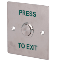 Botão de libertação de porta - Uso profissional - Testado 500.000 utilizações - NO/NC/COM | Montagem embutida ou de superfície - Dimensões 86 (A) x 86 (L) x 29 (P) mm - Fabricado em aço inoxidável