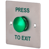 Botão de libertação de porta - Tipo semiesfera - Testado 500.000 utilizações - NA/CF | Embutido ou à superfície - Dimensões 86 (A) x 86 (L) x 23 (P) mm - Fabricado em aço inoxidável