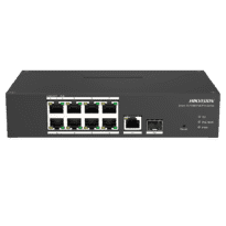 Switch PoE Hikvision - 8 puertos RJ45 FE + 1 puerto Gigabit RJ45/SFP - 8 Puertos PoE+ 802.3af/at - Hasta 110w de Potencia PoE Total - PoE Extendido / PoE Watchdog / Port Isolation - Instalación en pared/sobremesa