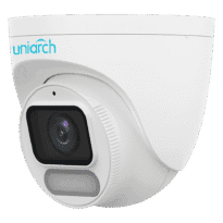 Câmara IP Turret | Uniarch - 4 MP | Lente 2.8 mm | microSD 512 GB - Luz branca 30 m | WDR 120 dB - Hunter Color com tecnologia WISE-ISP - PoE | UMD | IP67 - Botão de reset | Microfone incorporado