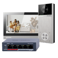 Kit de videoporteiro 4 Mpx - Tecnologia IP e WiFi | Switch PoE - Placa e monitor | Permite 16 monitores mais - Bluetooth | PoE - Aplicação móvel com P2P | Relés internos no monitor - Montagem à superfície | IP65