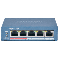 Desktop Switch da Hikvision - 4 Portas PoE + 1 Porta Uplink (RJ45) - Velocidade 10/100 Mbps - Até 65W no total para todas as portas - Compatível com PoE IEEE802.3af/at