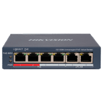 Desktop Switch da Hikvision - 4 Portas PoE + 2 Porta Uplink (RJ45) - Velocidade 10/100 Mbps - Até 45W no total para todas as portas - Compatível com PoE IEEE802.3af/at