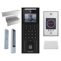 Kit de control de acceso - Facial, huella, tarjeta MF y PIN - Autónomo, ventosa, perfil, pulsador y tarjeta - 2.4" TFT | Controladora integrada - Montaje sobre superficie - iVMS-4200 | Hik-Connect