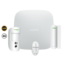 Kit de alarme profissional - Certificado Grau 2 - Comunicação Ethernet e dual SIM 4G (LTE) - Sem fios 868 MHz Jeweller e Wings - Ajax HUB 2, 1 PIRCAM HDR - 1 Contacto magnético e 1 controlo