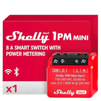 Shelly 1PM Mini Gen3 - WiFi 2.4 GHz IEEE802.11 b/g/n / Bluetooth -  Interruptor inteligente  - Suporta 110 - 240 VCA / 24 - 30 VCC - Contacto NA, 1 pólo, contacto µ - Compatível com Alexa e Google