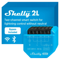Shelly 2L Gen3 - WiFi 2.4 GHz IEEE802.11 b/g/n / Bluetooth -  Interruptor inteligente / Sem neutro - Suporta 220-240 V~50Hz - Bypass 1L/2L - Compatível com Alexa e Google