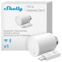 Shelly BLU TRV x1 + Shelly Blu Gateway Gen3 - WiFi 2.4 GHz IEEE802.11 b/g/n / Bluetooth - Cabeça termostática inteligente - Inclui HUB / Gateway - Controlo preciso da temperatura - Compatível com Alexa e Google