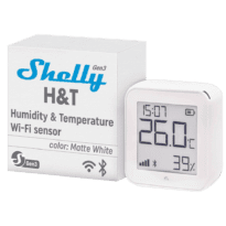 Shelly H&T Gen 3 Branco Mate - WiFi 2.4 GHz IEEE802.11 b/g/n / Bluetooth - Sensor H&T - Ecrã de baixo consumo de energia - Suporta 5V / 4 Pilhas AA - Compatível com Alexa e Google
