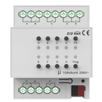 Relé inteligente de 8 linhas - KNX - Carga máxima 10 por linha - Potência máxima 2300 W por linha - Alimentação 21-30 DC por bus - Atraso e memória de ativação