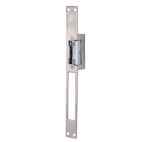 Abreportas elétrico em aço inoxidável Dorcas - Para porta única : trinco regulável - Modo abertura Fail Secure (NO) - Força de retenção 330 kg - Fonte de alimentação CA/CC 8-12V - Trinco e passagem livre