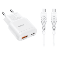 VEGER - Carregador de parede - Carregamento rápido 30W |  Com tecnologia GaN - Saídas USB-C, USB-A - Cabo USB-C para USB-C 1.2m incluído - Cor branco