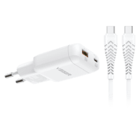 VEGER - Carregador de parede - Carregamento rápido 45W |  Com tecnologia GaN - Saídas USB-C, USB-A - Cabo USB-C para USB-C 1.2m incluído - Cor branco