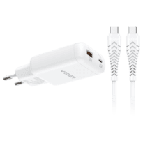 VEGER - Carregador de parede - Carregamento rápido 65W |  Com tecnologia GaN - Saídas USB-C, USB-A - Cabo USB-C para USB-C 1.2m incluído - Cor branco