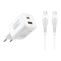 VEGER - Carregador de parede - Carregamento rápido 100W |  Com tecnologia GaN - Saídas USB-C, USB-A - Cabo USB-C para USB-C 1.2m incluído - Cor branco